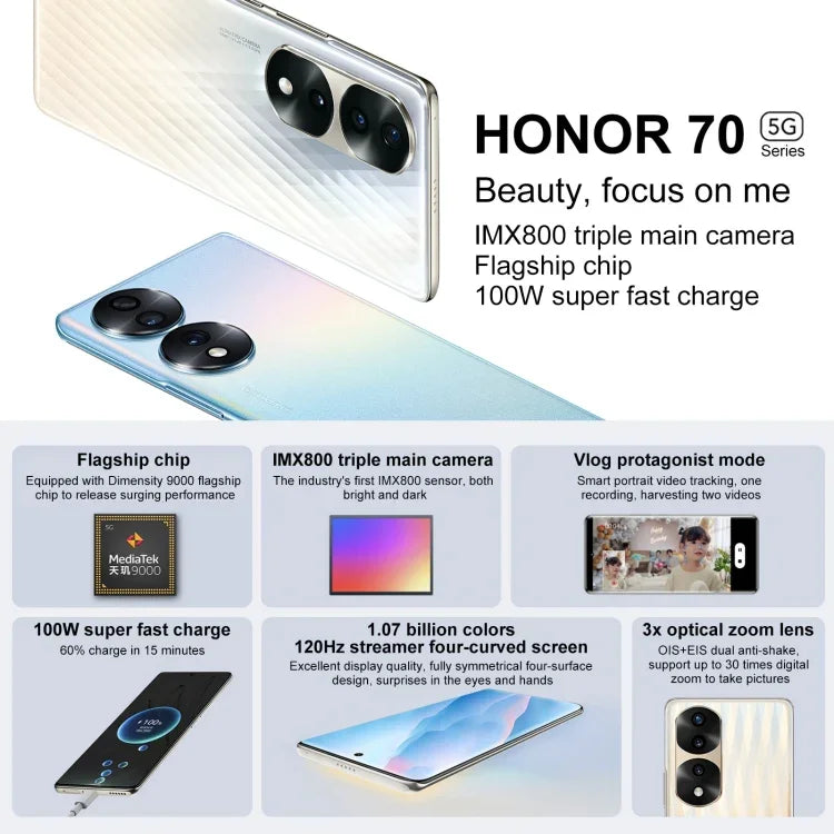 กล้องหลังสามตัว, สแกนลายนิ้วมือบนหน้าจอ, 6.78 นิ้ว Magic UI 6.1 Dimensity 9000 Octa Core สูงสุด 3.05GHz, เครือข่าย: 5G, OTG, NFC, ไม่รองรับ Google Play, Honor 70 Pro+ 5G 8GB+256GB
