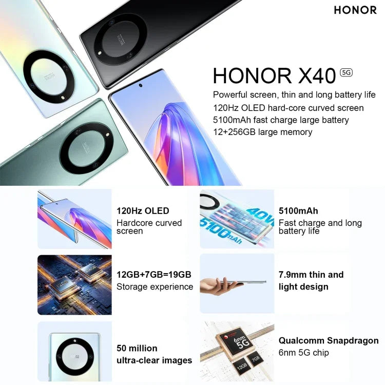 กล้องหลังคู่, สแกนลายนิ้วมือบนหน้าจอ, แบตเตอรี่ 5100mAh, 6.67 นิ้ว Magic UI 6.1 / Android 12 Snapdragon 695 Octa Core สูงสุด 2.2GHz, เครือข่าย: 5G, OTG, ไม่รองรับ Google Play, 6GB+128GB