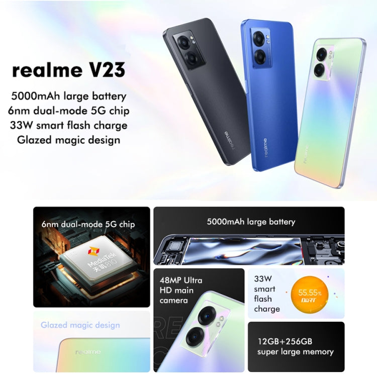กล้องหลังคู่, สแกนลายนิ้วมือด้านข้าง, แบตเตอรี่ 5000mAh, 6.58 นิ้ว Realme UI 3.0 / Android 12 MediaTek Dimensity 810 Octa Core สูงสุด 2.4GHz, เครือข่าย: 5G, รองรับ Google Play, 12GB+256GB