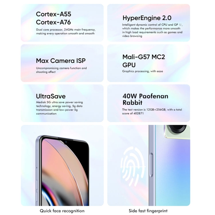 กล้องหลังคู่, สแกนลายนิ้วมือด้านข้าง, แบตเตอรี่ 5000mAh, 6.58 นิ้ว Realme UI 3.0 / Android 12 MediaTek Dimensity 810 Octa Core สูงสุด 2.4GHz, เครือข่าย: 5G, รองรับ Google Play, 12GB+256GB