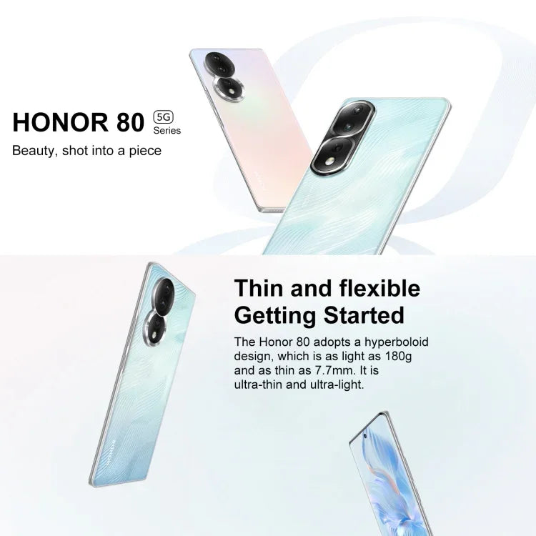 กล้องหลังสามตัว, สแกนลายนิ้วมือบนหน้าจอ, หน้าจอ 6.67 นิ้ว Magic UI 7.0 Qualcomm Snapdragon 782G Octa Core ความเร็วสูงสุด 2.7GHz, เครือข่าย: 5G, OTG, NFC, ไม่รองรับ Google Play, Honor 80 5G, 8GB+256GB