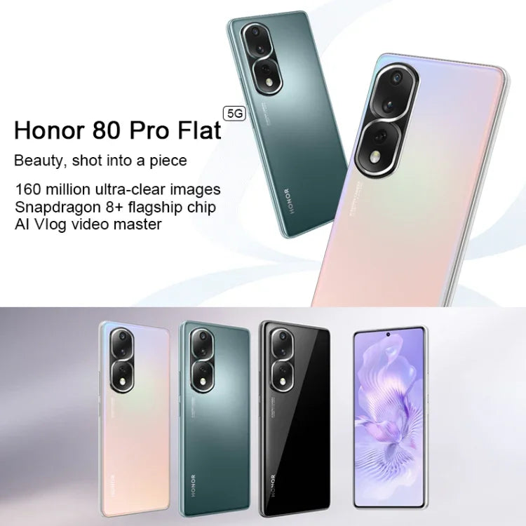 กล้องหลังสามตัว, สแกนลายนิ้วมือบนหน้าจอ, หน้าจอ 6.67 นิ้ว Magic UI 7.0 Qualcomm Snapdragon 8+ Gen1 Octa Core ความเร็วสูงสุด 3.0GHz, เครือข่าย: 5G, OTG, NFC, ไม่รองรับ Google Play, Honor 80 Pro Flat 5G, 12GB+256GB