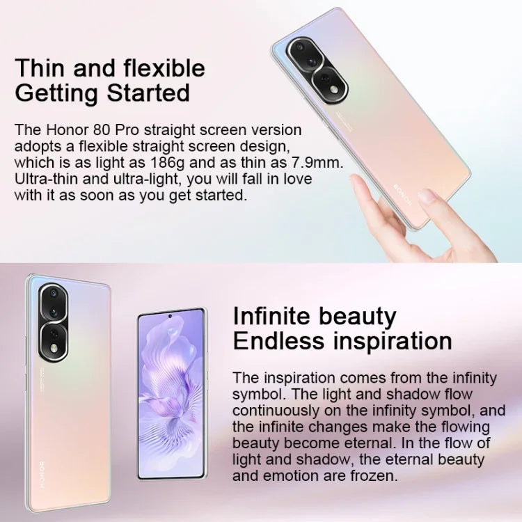 กล้องหลังสามตัว, สแกนลายนิ้วมือบนหน้าจอ, หน้าจอ 6.67 นิ้ว Magic UI 7.0 Qualcomm Snapdragon 8+ Gen1 Octa Core ความเร็วสูงสุด 3.0GHz, เครือข่าย: 5G, OTG, NFC, ไม่รองรับ Google Play, Honor 80 Pro Flat 5G, 12GB+256GB