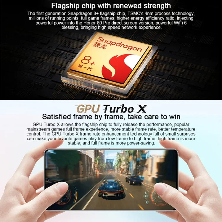 กล้องหลังสามตัว, สแกนลายนิ้วมือบนหน้าจอ, หน้าจอ 6.67 นิ้ว Magic UI 7.0 Qualcomm Snapdragon 8+ Gen1 Octa Core ความเร็วสูงสุด 3.0GHz, เครือข่าย: 5G, OTG, NFC, ไม่รองรับ Google Play, Honor 80 Pro Flat 5G, 12GB+256GB