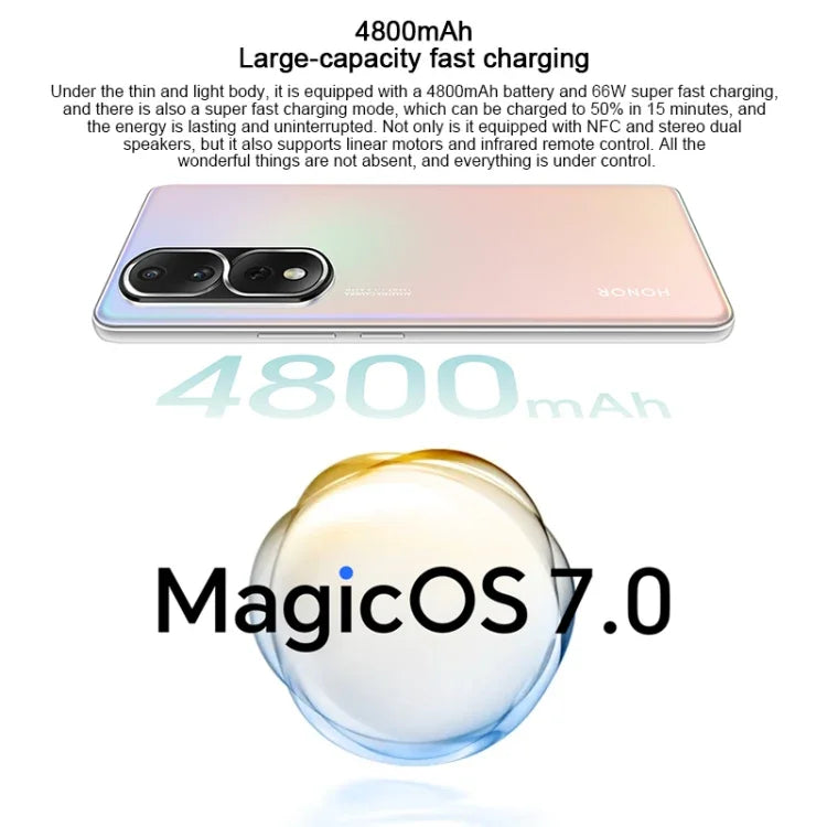 กล้องหลังสามตัว, สแกนลายนิ้วมือบนหน้าจอ, หน้าจอ 6.67 นิ้ว Magic UI 7.0 Qualcomm Snapdragon 8+ Gen1 Octa Core ความเร็วสูงสุด 3.0GHz, เครือข่าย: 5G, OTG, NFC, ไม่รองรับ Google Play, Honor 80 Pro Flat 5G, 12GB+256GB