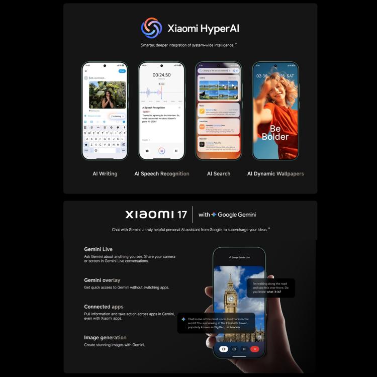 Xiaomi 17 Global, 12GB+256GB, สแกนลายนิ้วมืออัลตราโซนิก, 6.3 นิ้ว Xiaomi HyperOS 3 Snapdragon 8 Elite Gen 5 Octa Core, NFC, เครือข่าย: 5G, 12GB+256GB
