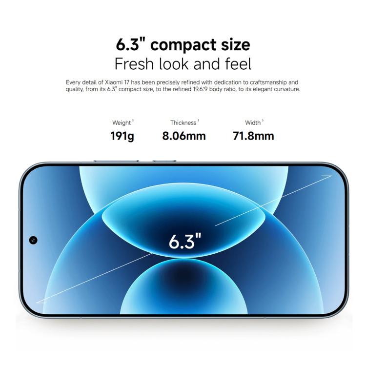 Xiaomi 17 Global, 12GB+256GB, สแกนลายนิ้วมืออัลตราโซนิก, 6.3 นิ้ว Xiaomi HyperOS 3 Snapdragon 8 Elite Gen 5 Octa Core, NFC, เครือข่าย: 5G, 12GB+256GB