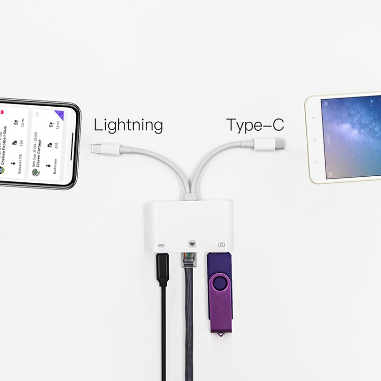 NK-107 Pro อะแดปเตอร์ 3 in 1 USB-C / Type-C + 8 Pin ตัวผู้ เป็น USB + RJ45 + 8 Pin ชาร์จตัวเมีย, NK-107 Pro