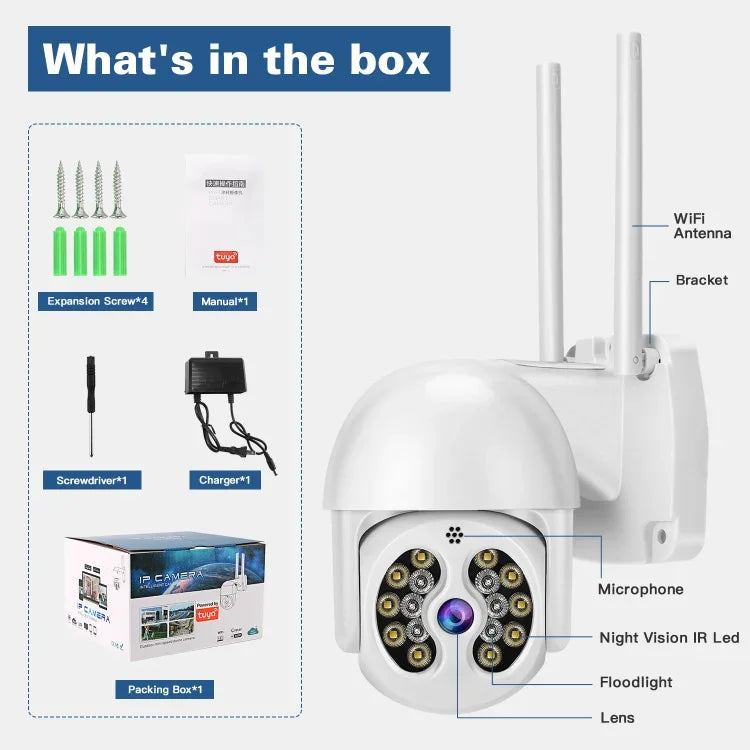 Tuya QX56 กล้อง IP ไร้สาย 2.4G กันน้ำ IP66 ความละเอียด 3 ล้านพิกเซล รองรับ Amazon Alexa & Google Home & การตรวจจับการเคลื่อนไหว & เสียงสองทาง & การมองเห็นกลางคืนสีเต็มรูปแบบ & การ์ด TF, ปลั๊ก EU, รองรับ Amazon Alexa & Google Home