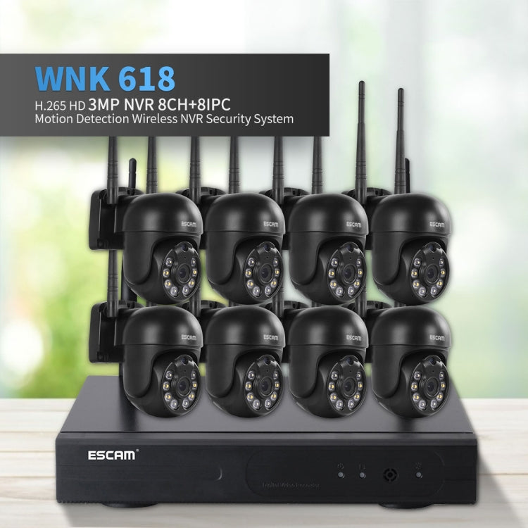 กล้องโดมไร้สาย 8 ช่อง ความละเอียด 3 ล้านพิกเซล ESCAM WNK618 ระบบรักษาความปลอดภัย NVR HD รองรับการตรวจจับการเคลื่อนไหว เสียงสองทาง อินฟราเรดกลางคืนสีเต็ม และการ์ด TF ปลั๊กยุโรป, WNK618
