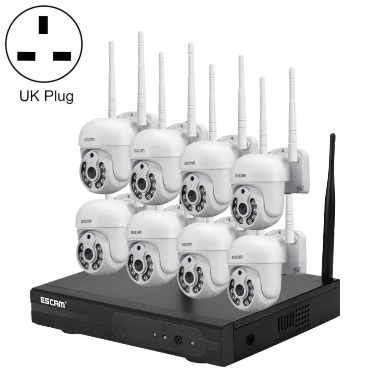 ระบบรักษาความปลอดภัย NVR ไร้สาย 8 ช่อง พร้อมกล้อง IP ไร้สาย 8 ตัว ความละเอียด 3 ล้านพิกเซล ESCAM WNK718 ปลั๊กแบบสหราชอาณาจักร