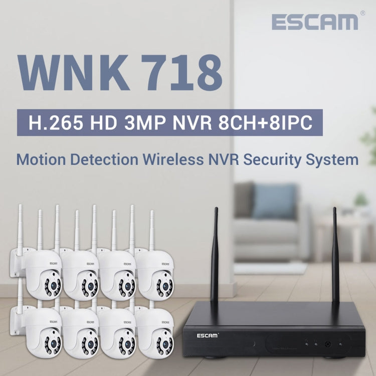 ระบบรักษาความปลอดภัย NVR ไร้สาย 8 ช่อง พร้อมกล้อง IP ไร้สาย 8 ตัว ความละเอียด 3 ล้านพิกเซล ESCAM WNK718 ปลั๊กแบบสหราชอาณาจักร