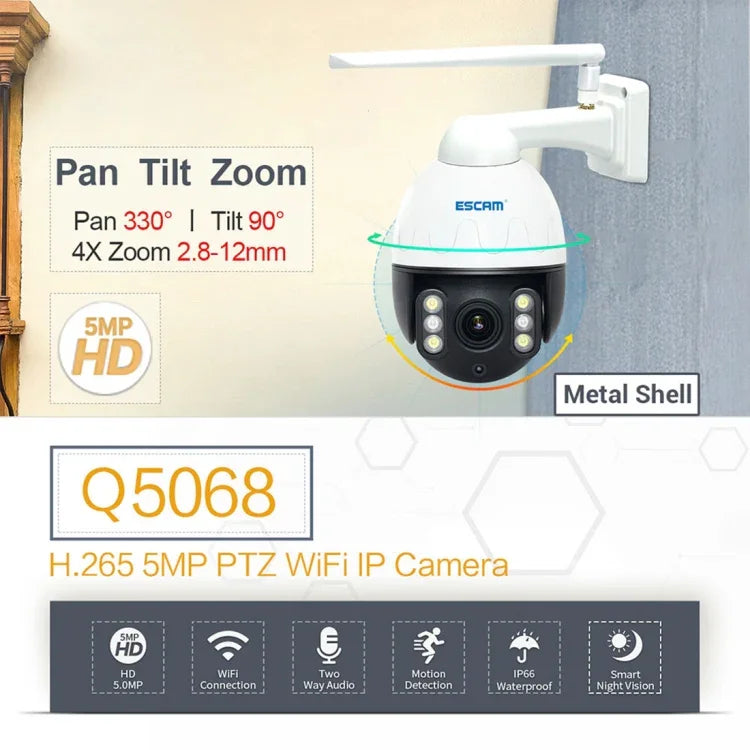 กล้อง IP กันน้ำ ESCAM Q5068 H.265 5MP Pan / Tilt / ซูม 4X WiFi รองรับ ONVIF สองทางพูดคุย & กล้องกลางคืน, ปลั๊ก AU, ปลั๊ก UK, ปลั๊ก US, ปลั๊ก EU, ปลั๊ก AU