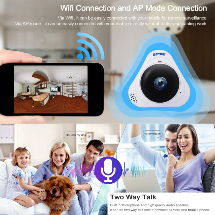 กล้อง IP WiFi ESCAM Q8 960P เลนส์ฟิชอาย 360 องศา 1.3MP รองรับการตรวจจับการเคลื่อนไหว / มองเห็นในที่มืด, ระยะอินฟราเรด 5-10 เมตร, ปลั๊ก AU, ปลั๊ก US, ปลั๊ก EU, ปลั๊ก UK