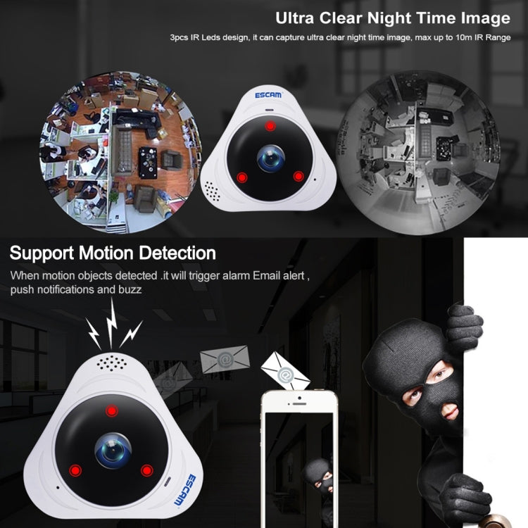 กล้อง IP WiFi ESCAM Q8 960P เลนส์ฟิชอาย 360 องศา 1.3MP รองรับการตรวจจับการเคลื่อนไหว / มองเห็นในที่มืด, ระยะอินฟราเรด 5-10 เมตร, ปลั๊ก AU, ปลั๊ก US, ปลั๊ก EU, ปลั๊ก UK