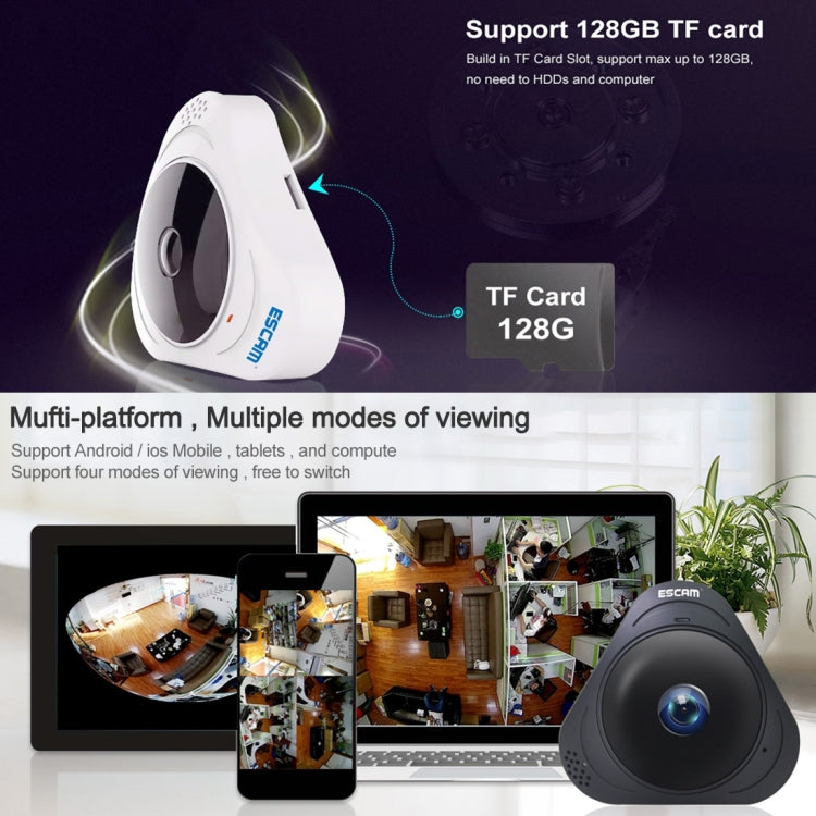 กล้อง IP WiFi ESCAM Q8 960P เลนส์ฟิชอาย 360 องศา 1.3MP รองรับการตรวจจับการเคลื่อนไหว / มองเห็นในที่มืด, ระยะอินฟราเรด 5-10 เมตร, ปลั๊ก AU, ปลั๊ก US, ปลั๊ก EU, ปลั๊ก UK
