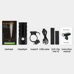 ไฟจักรยานชาร์จ USB รุ่น BX2 สำหรับแฮนด์หน้า LED (3 ชั่วโมง, หลอดไฟ L2), 3 ชั่วโมง, หลอดไฟ L2