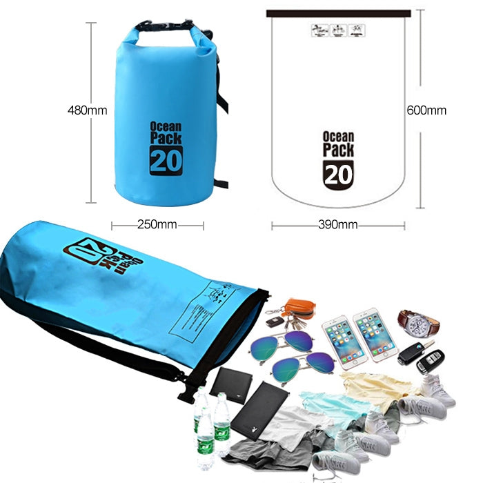 กระเป๋าสะพายคู่กันน้ำแบบแห้งสำหรับกลางแจ้ง กระเป๋าแห้งถัง PVC ความจุ: 20L, ความจุ: 20L (ฟ้าอ่อน), ความจุ: 20L (เหลือง), ความจุ: 20L (ดำ), ความจุ: 20L (น้ำเงินเข้ม), ความจุ: 20L (ส้ม), ความจุ: 20L (ชมพู), ความจุ: 20L (เขียว)