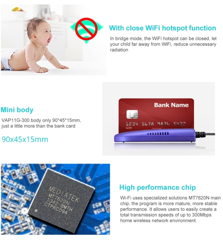 VONETS VAP11G-300 มินิ WiFi 300Mbps บริดจ์ WiFi รีพีตเตอร์ คู่หูที่ดีที่สุดสำหรับอุปกรณ์ IP / กล้อง IP / เครื่องพิมพ์ IP / XBOX / PS3 / IPTV / Skybox, VAP11G-300