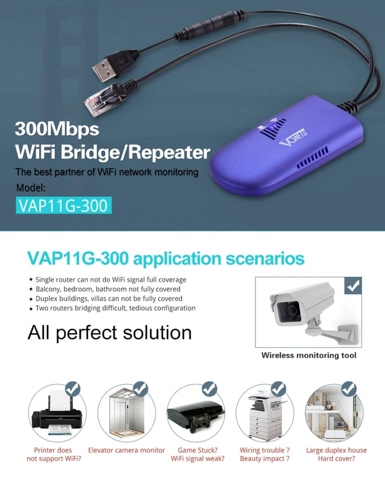 VONETS VAP11G-300 มินิ WiFi 300Mbps บริดจ์ WiFi รีพีตเตอร์ คู่หูที่ดีที่สุดสำหรับอุปกรณ์ IP / กล้อง IP / เครื่องพิมพ์ IP / XBOX / PS3 / IPTV / Skybox, VAP11G-300