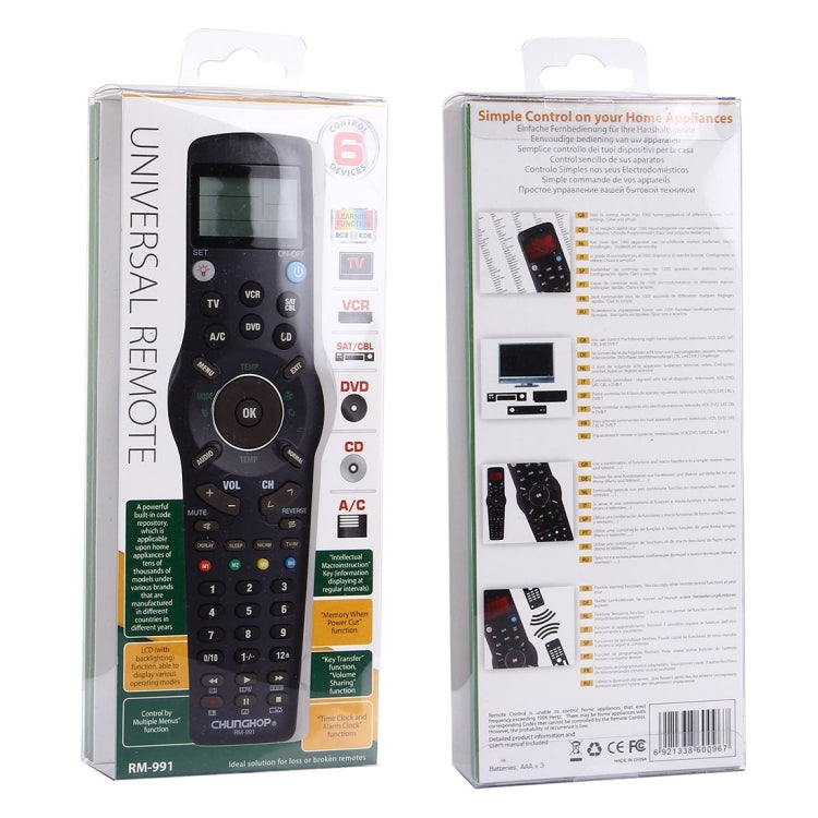 รีโมทคอนโทรล LCD อเนกประสงค์ CHUNGHOP RM-L991 พร้อมฟังก์ชันเรียนรู้ สำหรับทีวี VCR SAT CBL DVD CD เครื่องปรับอากาศ