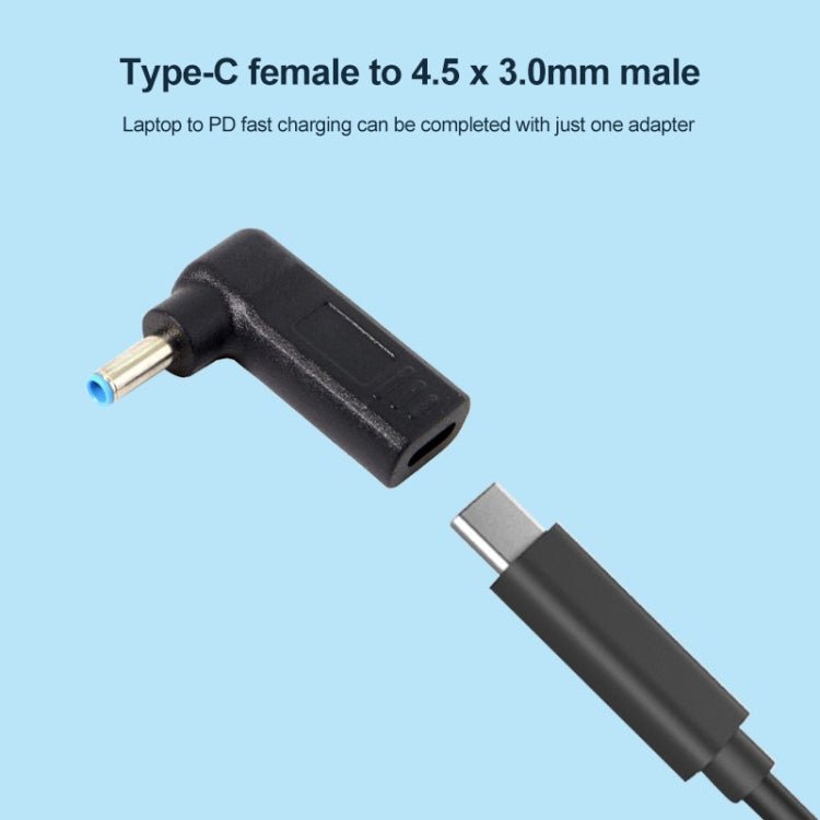 อะแดปเตอร์ข้อต่อ USB-C / Type-C ตัวเมียเป็นปลั๊กตัวผู้ 4.5 x 3.0 มม. แบบข้อศอก สีดำและสีน้ำเงิน 4.5 x 3.0 มม. แบบข้อศอก