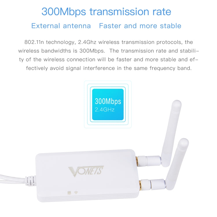 VONETS VAP11S สะพานไร้สายขนาดเล็ก 2.4G ความเร็ว 300Mbps พร้อมเสาอากาศ 2 ต้น, VAP11S