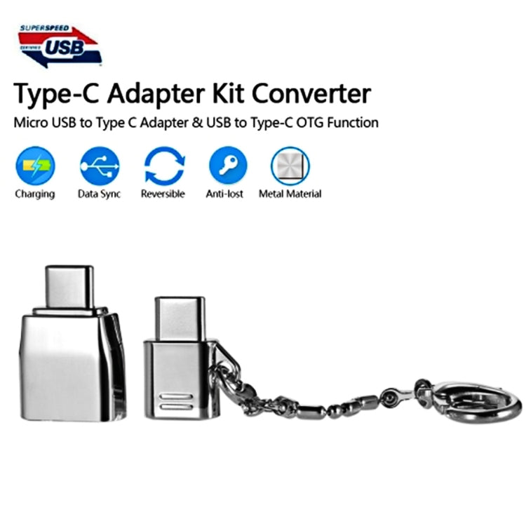 อะแดปเตอร์โลหะ Micro USB ตัวเมียเป็น USB-C / Type-C ตัวผู้ + USB 2.0 ตัวเมียเป็น USB-C / Type-C ตัวผู้
