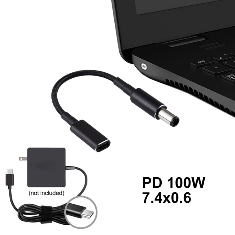 สายถักไนลอนอะแดปเตอร์ PD 100W 18.5-20V 7.4 x 0.6 มม. เป็น USB-C / Type-C สำหรับ HP, 7.4 x 0.6 มม.