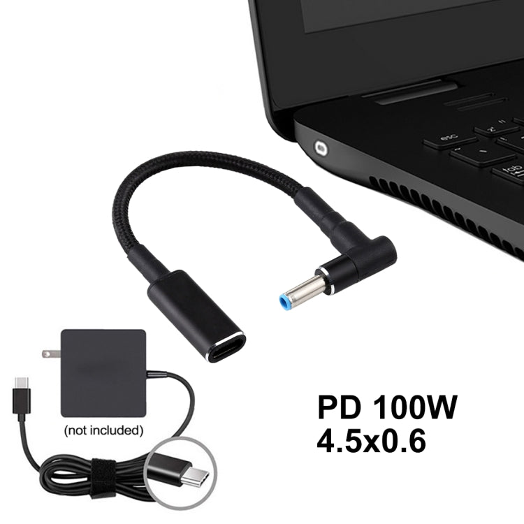 สายแปลง PD 100W 18.5-20V 4.5 x 0.6mm ข้อต่อข้อศอกเป็น USB-C / Type-C ถักไนลอน สำหรับ HP, 4.5 x 0.6mm