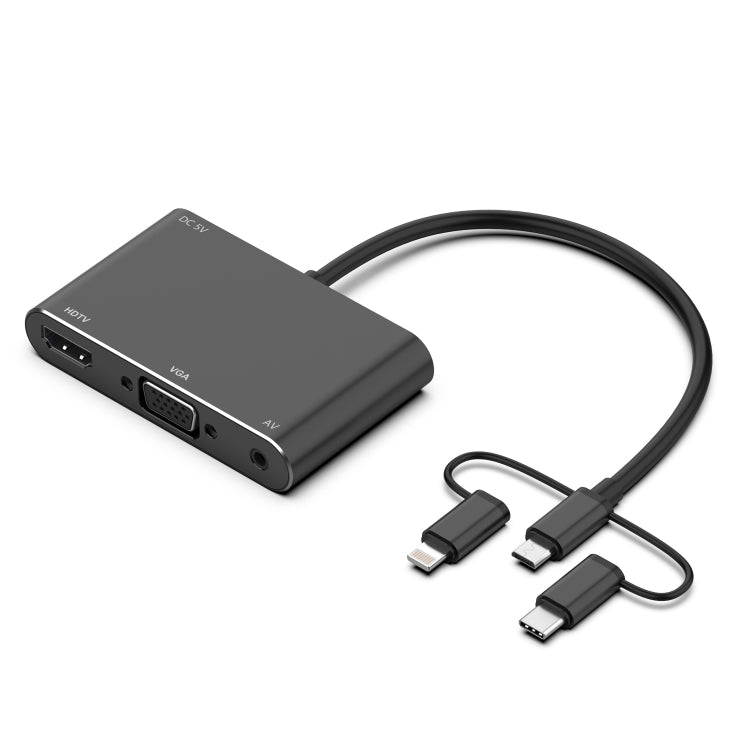 7585B อะแดปเตอร์ 3 in 1 Micro USB / 8 Pin / Type-C เป็น VGA / HDTV / AV สำหรับเล่นหน้าจอ HD บนมือถือ