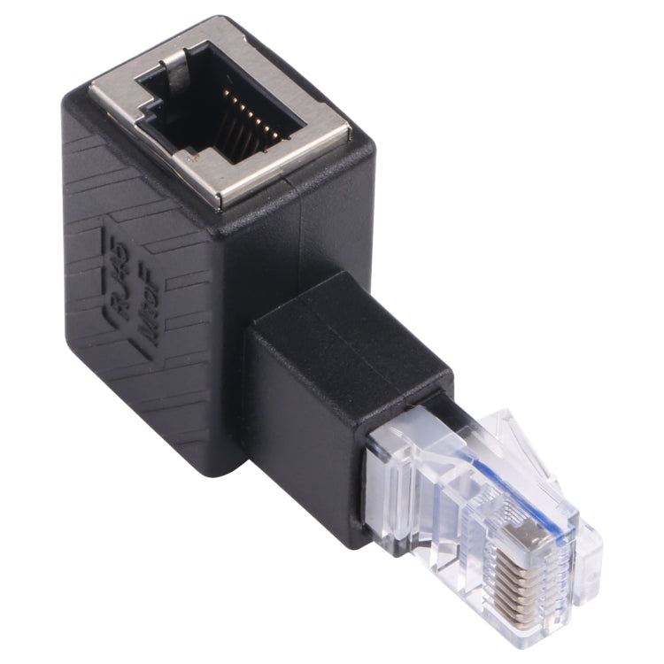 อะแดปเตอร์แปลง RJ45 ตัวผู้เป็นตัวเมีย แบบขยาย 90 องศาสำหรับสาย LAN Ethernet Cat5 Cat6, มุมขวา 90 องศา