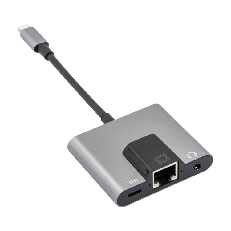 อะแดปเตอร์ 3 in 1 8 Pin ตัวผู้เป็น 8 Pin สำหรับชาร์จ + RJ45 อีเธอร์เน็ต + หูฟัง 3.5 มม. ตัวเมีย รุ่น NK-1056