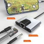 อะแดปเตอร์ 3 in 1 8 Pin ตัวผู้เป็น 8 Pin สำหรับชาร์จ + RJ45 อีเธอร์เน็ต + หูฟัง 3.5 มม. ตัวเมีย รุ่น NK-1056