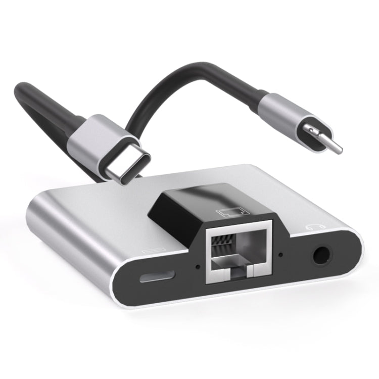 อะแดปเตอร์ 3 in 1 NK-1056Pro 8 Pin + USB-C / Type-C ตัวผู้เป็น 8 Pin สำหรับชาร์จ + อีเธอร์เน็ต + หูฟัง 3.5 มม. ตัวเมีย