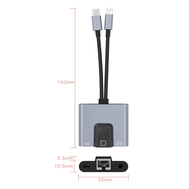 อะแดปเตอร์ 3 in 1 NK-1056Pro 8 Pin + USB-C / Type-C ตัวผู้เป็น 8 Pin สำหรับชาร์จ + อีเธอร์เน็ต + หูฟัง 3.5 มม. ตัวเมีย