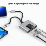 อะแดปเตอร์ 3 in 1 NK-1056Pro 8 Pin + USB-C / Type-C ตัวผู้เป็น 8 Pin สำหรับชาร์จ + อีเธอร์เน็ต + หูฟัง 3.5 มม. ตัวเมีย
