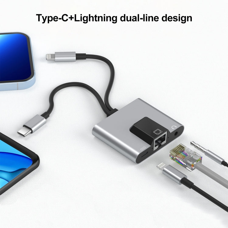 อะแดปเตอร์ 3 in 1 NK-1056Pro 8 Pin + USB-C / Type-C ตัวผู้เป็น 8 Pin สำหรับชาร์จ + อีเธอร์เน็ต + หูฟัง 3.5 มม. ตัวเมีย