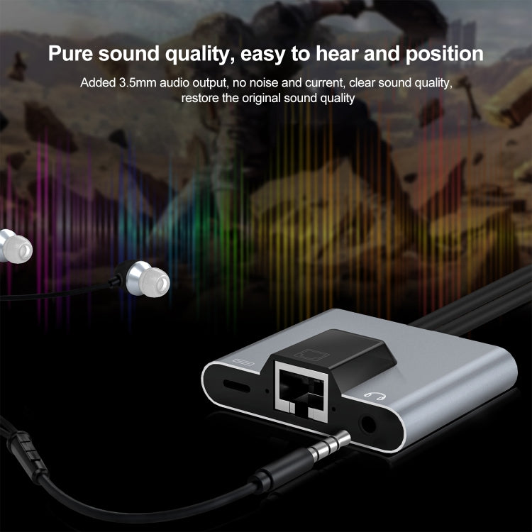 อะแดปเตอร์ 3 in 1 NK-1056Pro 8 Pin + USB-C / Type-C ตัวผู้เป็น 8 Pin สำหรับชาร์จ + อีเธอร์เน็ต + หูฟัง 3.5 มม. ตัวเมีย