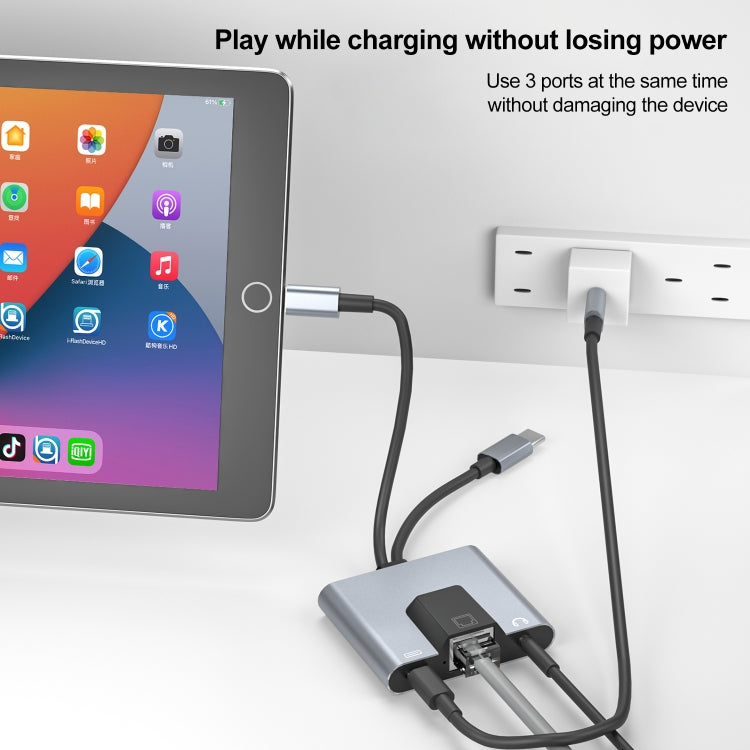 อะแดปเตอร์ 3 in 1 NK-1056Pro 8 Pin + USB-C / Type-C ตัวผู้เป็น 8 Pin สำหรับชาร์จ + อีเธอร์เน็ต + หูฟัง 3.5 มม. ตัวเมีย