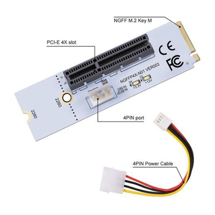 ตัวแปลง NGFF M.2 Key M เป็น PCI-E 1X / 4X / 8X / 16X สำหรับการ์ดกราฟิกและเหมือง พร้อมไฟ LED และสายไฟ 4 ขา, VER003 พร้อมสายไฟ 4 ขา