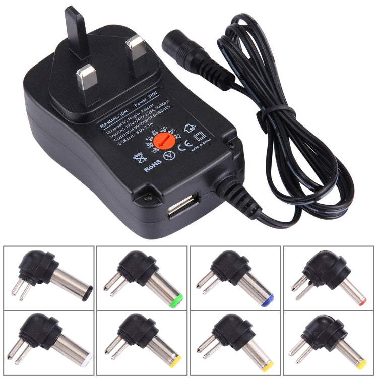 อะแดปเตอร์ปลั๊กไฟแบบเสียบผนัง 30W แบบสากล พร้อมพอร์ต USB 5V 2.1A ปลั๊ก UK ความยาวสายประมาณ 1.2 เมตร 8 ชิ้น