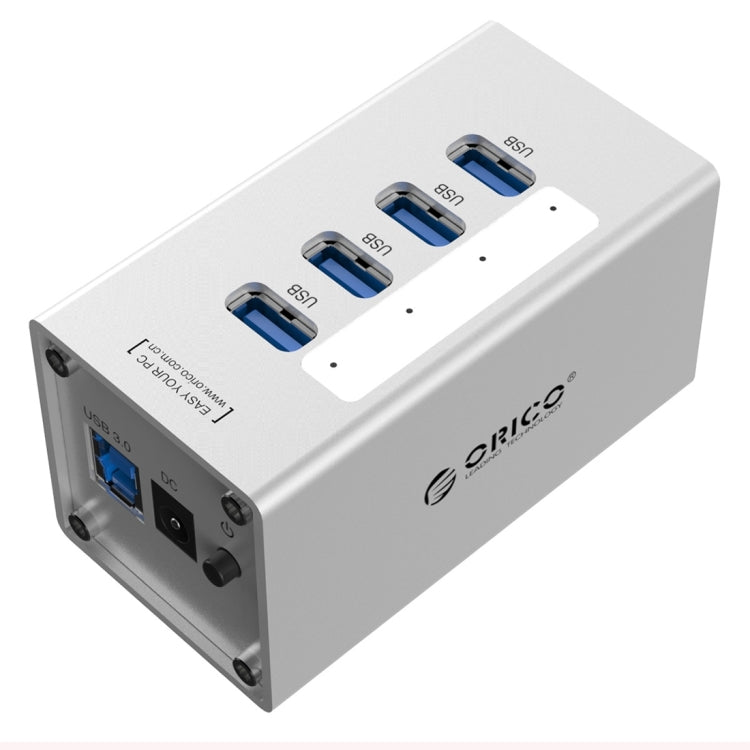 ORICO A3H4 HUB USB 3.0 อลูมิเนียมความเร็วสูง 4 พอร์ต พร้อมอะแดปเตอร์ไฟ 12V/2.5A สำหรับแล็ปท็อป, 4 พอร์ต (สีเงิน)