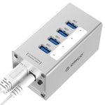 ORICO A3H4 HUB USB 3.0 อลูมิเนียมความเร็วสูง 4 พอร์ต พร้อมอะแดปเตอร์ไฟ 12V/2.5A สำหรับแล็ปท็อป, 4 พอร์ต (สีเงิน)