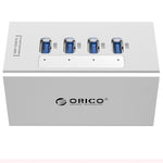 ORICO A3H4 HUB USB 3.0 อลูมิเนียมความเร็วสูง 4 พอร์ต พร้อมอะแดปเตอร์ไฟ 12V/2.5A สำหรับแล็ปท็อป, 4 พอร์ต (สีเงิน)