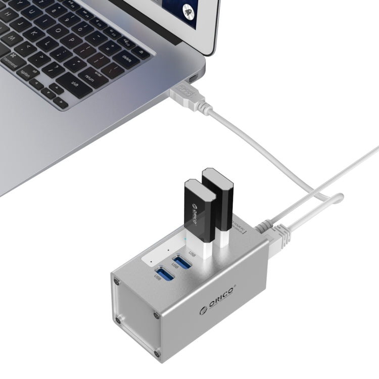 ORICO A3H4 HUB USB 3.0 อลูมิเนียมความเร็วสูง 4 พอร์ต พร้อมอะแดปเตอร์ไฟ 12V/2.5A สำหรับแล็ปท็อป, 4 พอร์ต (สีเงิน)