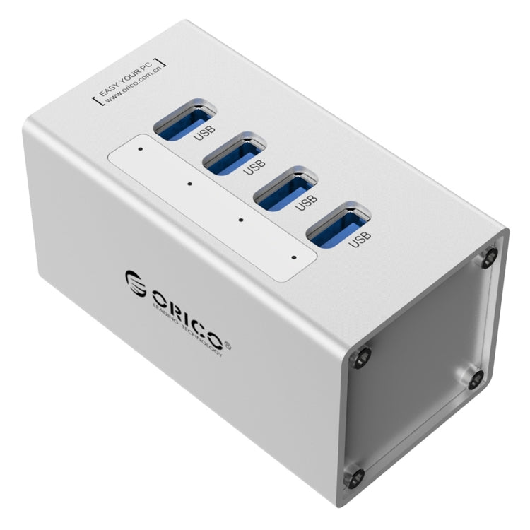 ORICO A3H4 HUB USB 3.0 อลูมิเนียมความเร็วสูง 4 พอร์ต พร้อมอะแดปเตอร์ไฟ 12V/2.5A สำหรับแล็ปท็อป, 4 พอร์ต (สีเงิน)