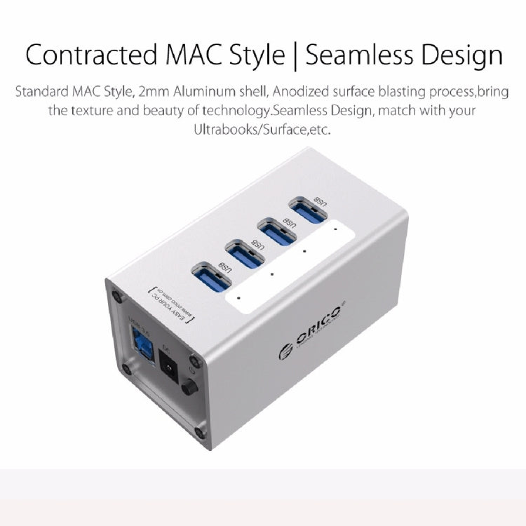 ORICO A3H4 HUB USB 3.0 อลูมิเนียมความเร็วสูง 4 พอร์ต พร้อมอะแดปเตอร์ไฟ 12V/2.5A สำหรับแล็ปท็อป, 4 พอร์ต (สีเงิน)