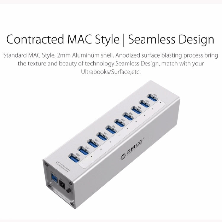 ORICO A3H10 อลูมิเนียมความเร็วสูง 10 พอร์ต USB 3.0 HUB พร้อมอะแดปเตอร์จ่ายไฟสำหรับแล็ปท็อป, 10 พอร์ต (สีเงิน), 10 พอร์ต (สีดำ)