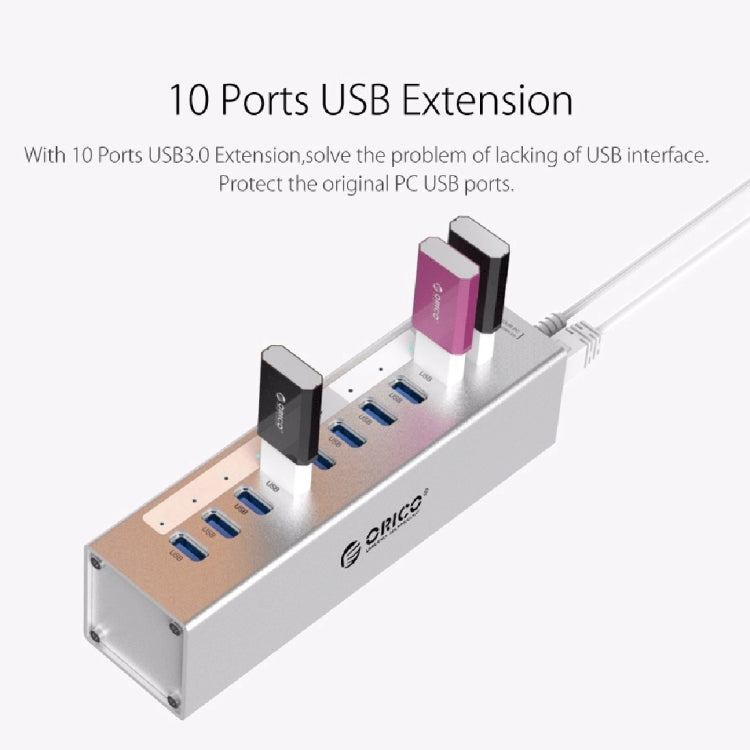 ORICO A3H10 อลูมิเนียมความเร็วสูง 10 พอร์ต USB 3.0 HUB พร้อมอะแดปเตอร์จ่ายไฟสำหรับแล็ปท็อป, 10 พอร์ต (สีเงิน), 10 พอร์ต (สีดำ)